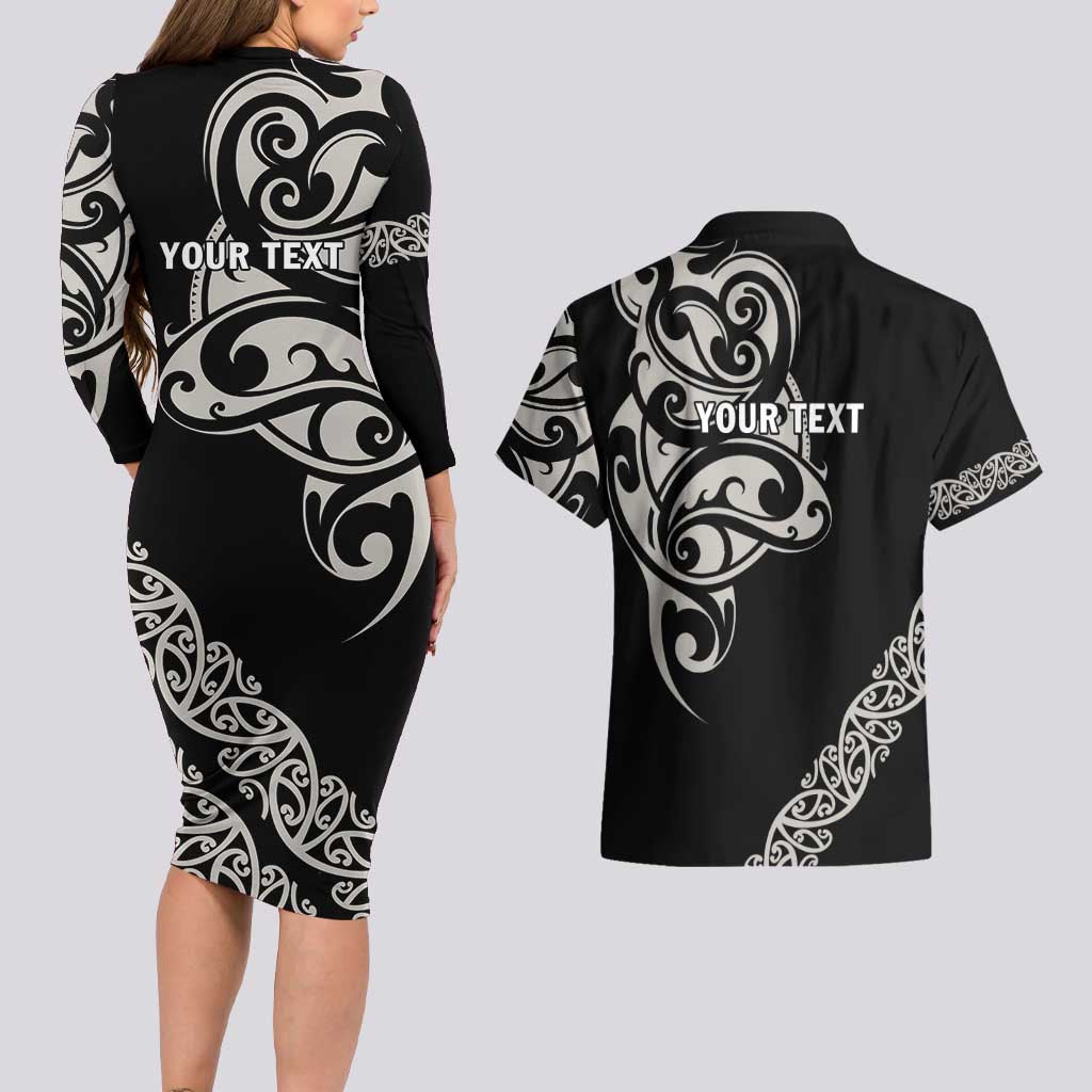 All Black Maori Tribal Tattoo Personalised Couples Matching Long Sleeve Bodycon Dress and Hawaiian Shirt Stone Gray Polynesian Style - Polynesian Pride