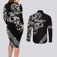 All Black Maori Tribal Tattoo Personalised Couples Matching Long Sleeve Bodycon Dress and Long Sleeve Button Shirt Stone Gray Polynesian Style - Polynesian Pride