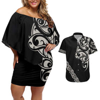 All Black Maori Tribal Tattoo Personalised Couples Matching Off Shoulder Short Dress and Hawaiian Shirt Stone Gray Polynesian Style - Polynesian Pride