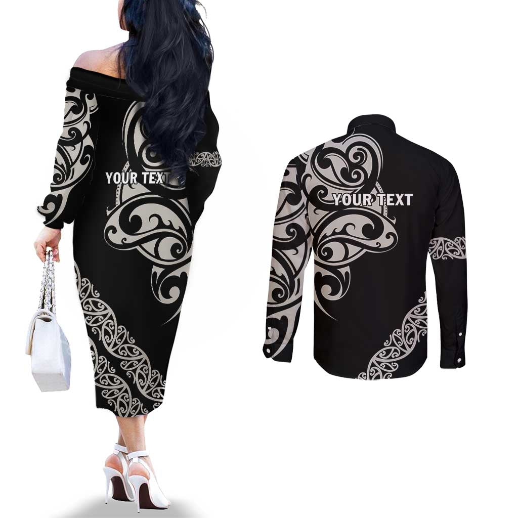 All Black Maori Tribal Tattoo Personalised Couples Matching Off The Shoulder Long Sleeve Dress and Long Sleeve Button Shirt Stone Gray Polynesian Style - Polynesian Pride