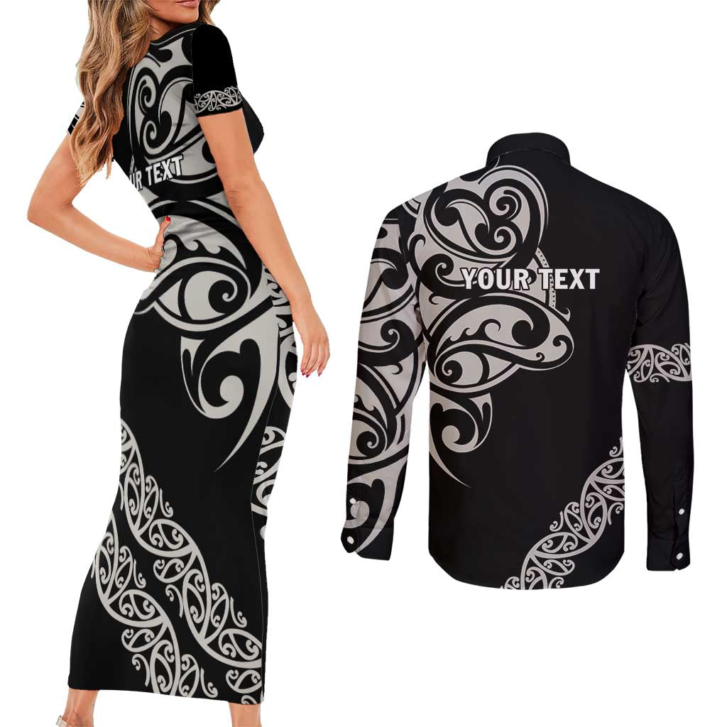 All Black Maori Tribal Tattoo Personalised Couples Matching Short Sleeve Bodycon Dress and Long Sleeve Button Shirt Stone Gray Polynesian Style - Polynesian Pride