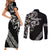 All Black Maori Tribal Tattoo Personalised Couples Matching Short Sleeve Bodycon Dress and Long Sleeve Button Shirt Stone Gray Polynesian Style - Polynesian Pride