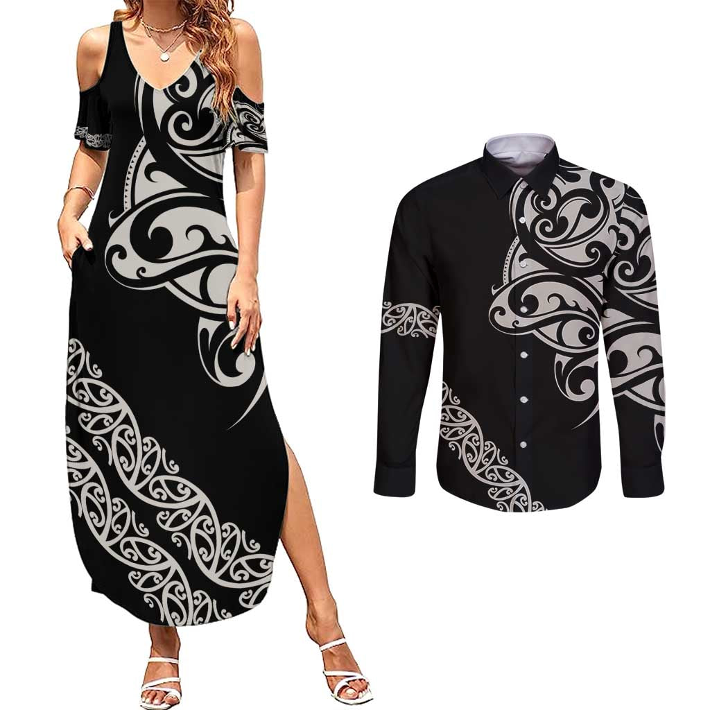 All Black Maori Tribal Tattoo Personalised Couples Matching Summer Maxi Dress and Long Sleeve Button Shirt Stone Gray Polynesian Style - Polynesian Pride
