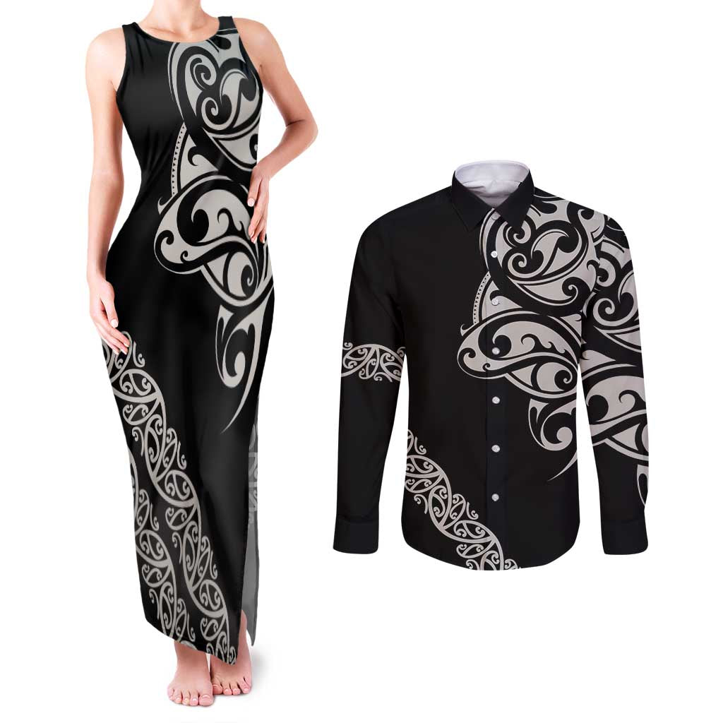 All Black Maori Tribal Tattoo Personalised Couples Matching Tank Maxi Dress and Long Sleeve Button Shirt Stone Gray Polynesian Style - Polynesian Pride