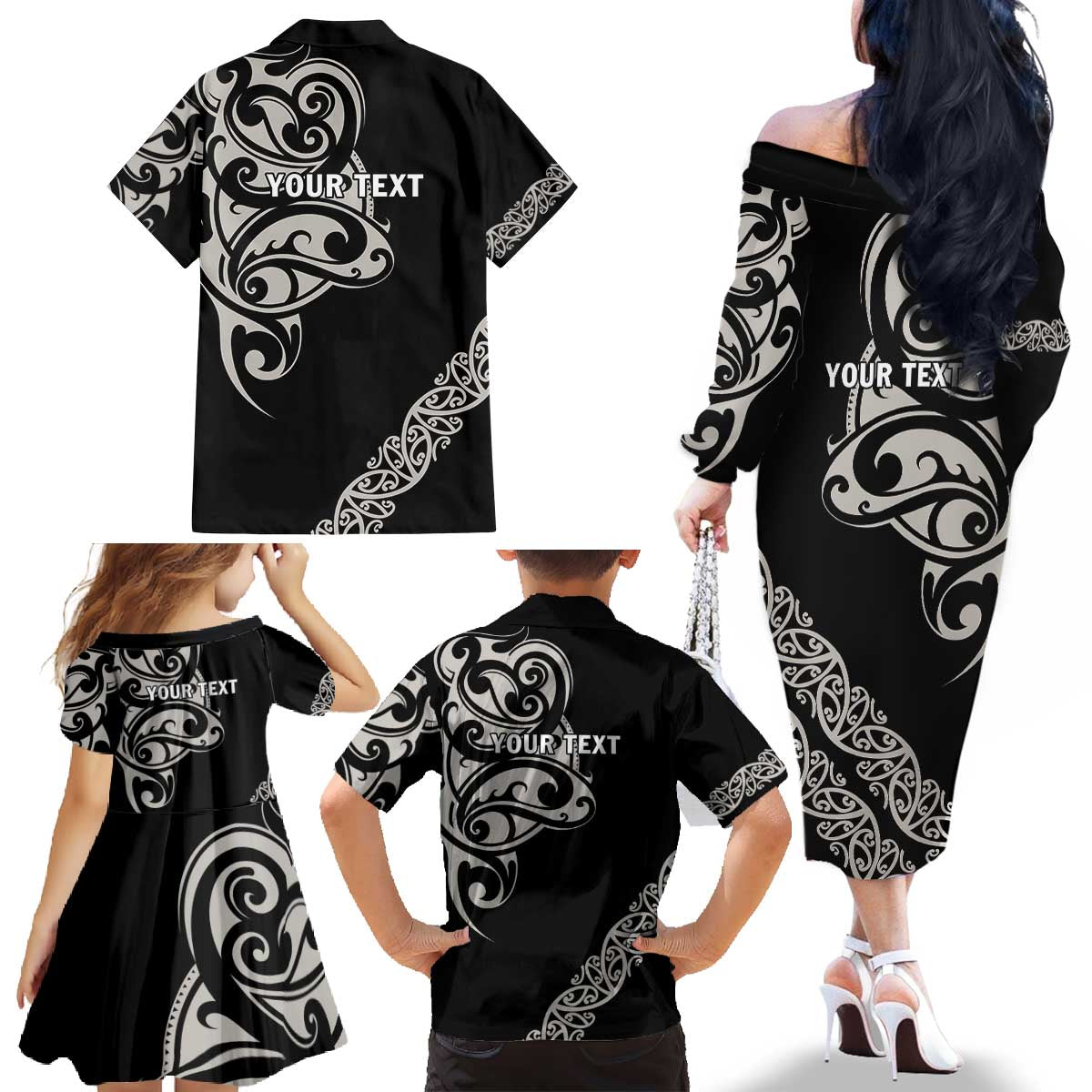 All Black Maori Tribal Tattoo Personalised Family Matching Off The Shoulder Long Sleeve Dress and Hawaiian Shirt Stone Gray Polynesian Style - Polynesian Pride