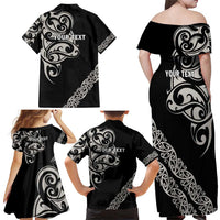 All Black Maori Tribal Tattoo Personalised Family Matching Off Shoulder Maxi Dress and Hawaiian Shirt Stone Gray Polynesian Style - Polynesian Pride