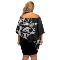 All Black Maori Tribal Tattoo Personalised Family Matching Off Shoulder Short Dress and Hawaiian Shirt Stone Gray Polynesian Style - Polynesian Pride