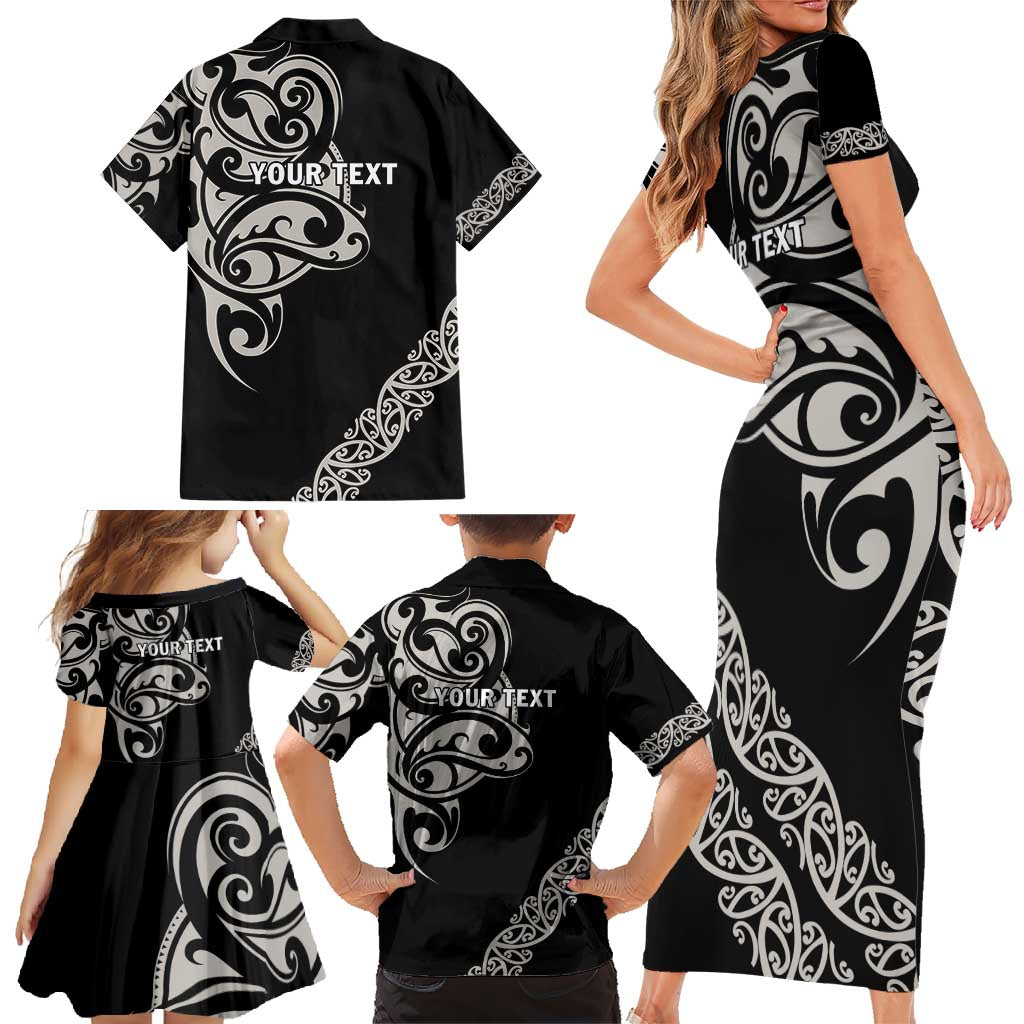 All Black Maori Tribal Tattoo Personalised Family Matching Short Sleeve Bodycon Dress and Hawaiian Shirt Stone Gray Polynesian Style - Polynesian Pride