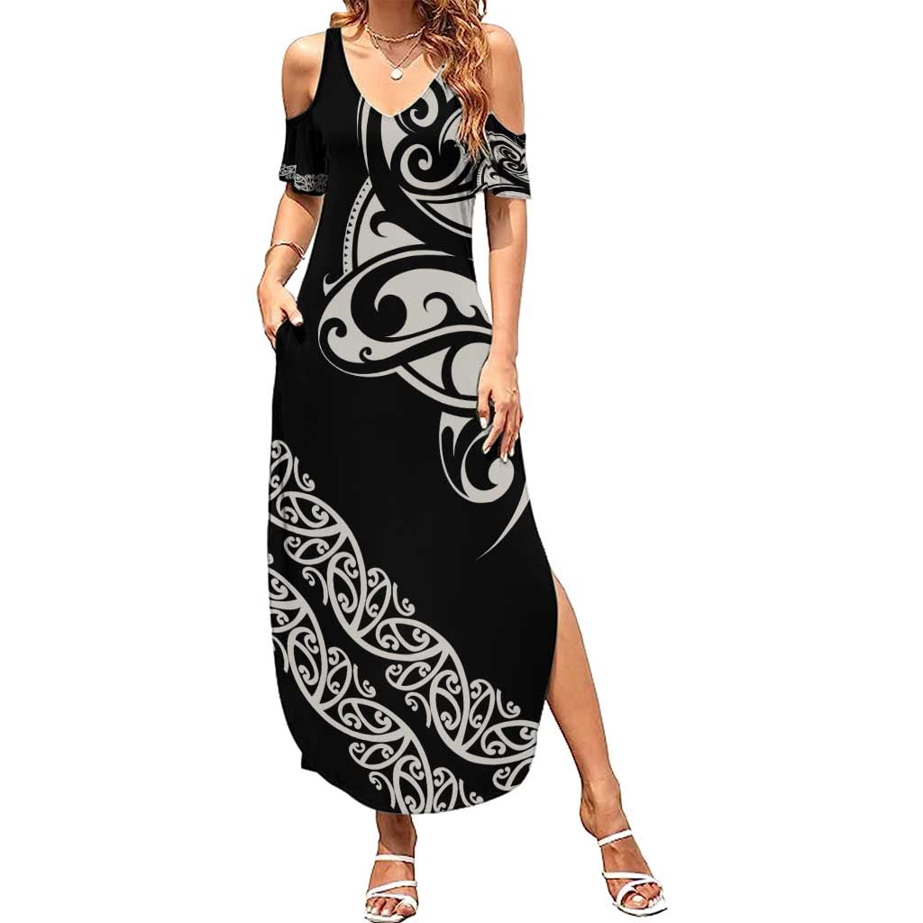 All Black Maori Tribal Tattoo Personalised Family Matching Summer Maxi Dress and Hawaiian Shirt Stone Gray Polynesian Style - Polynesian Pride