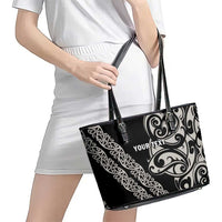 All Black Maori Tribal Tattoo Personalised Leather Tote Bag Stone Gray Polynesian Style - Polynesian Pride