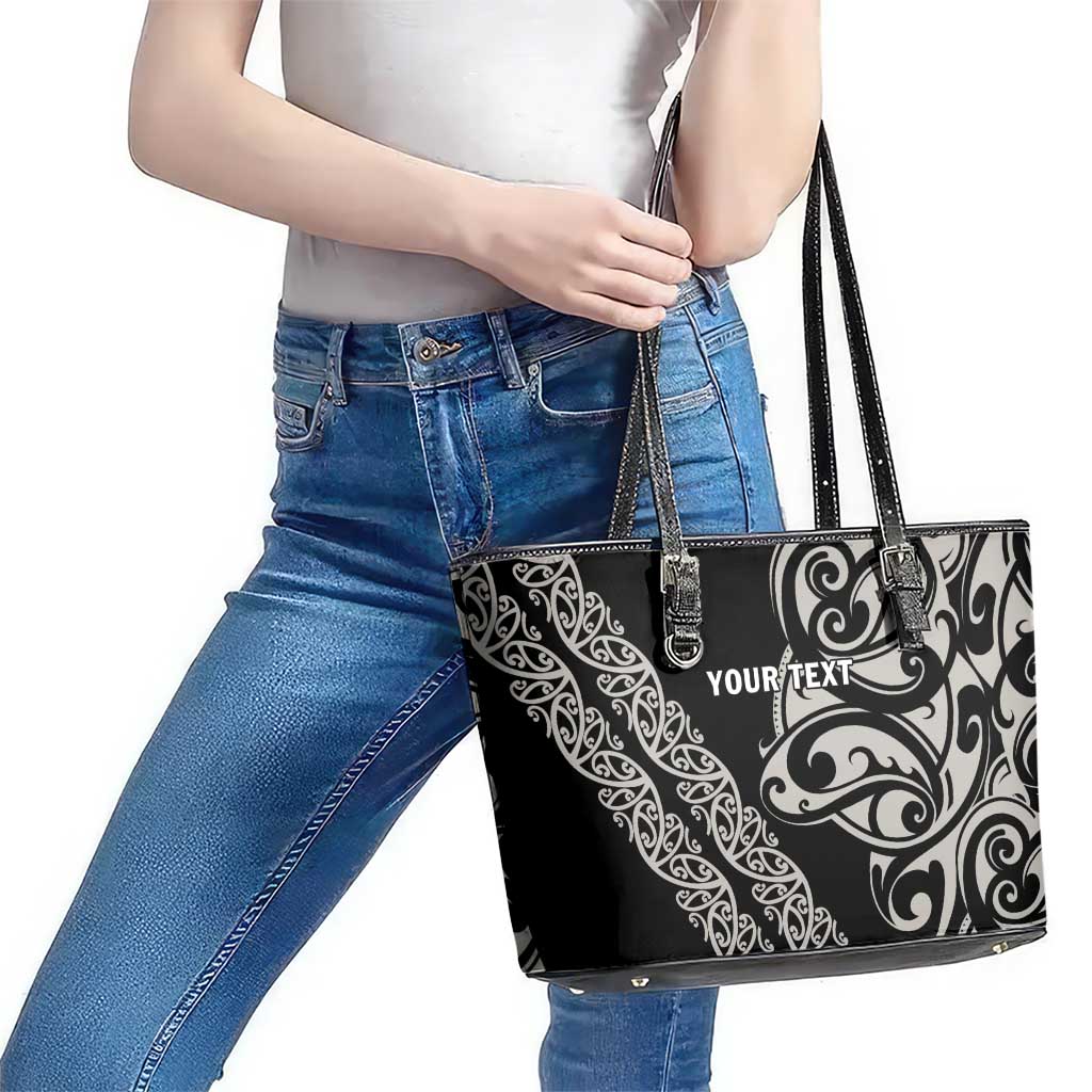 All Black Maori Tribal Tattoo Personalised Leather Tote Bag Stone Gray Polynesian Style - Polynesian Pride