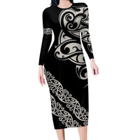All Black Maori Tribal Tattoo Personalised Long Sleeve Bodycon Dress Stone Gray Polynesian Style - Polynesian Pride