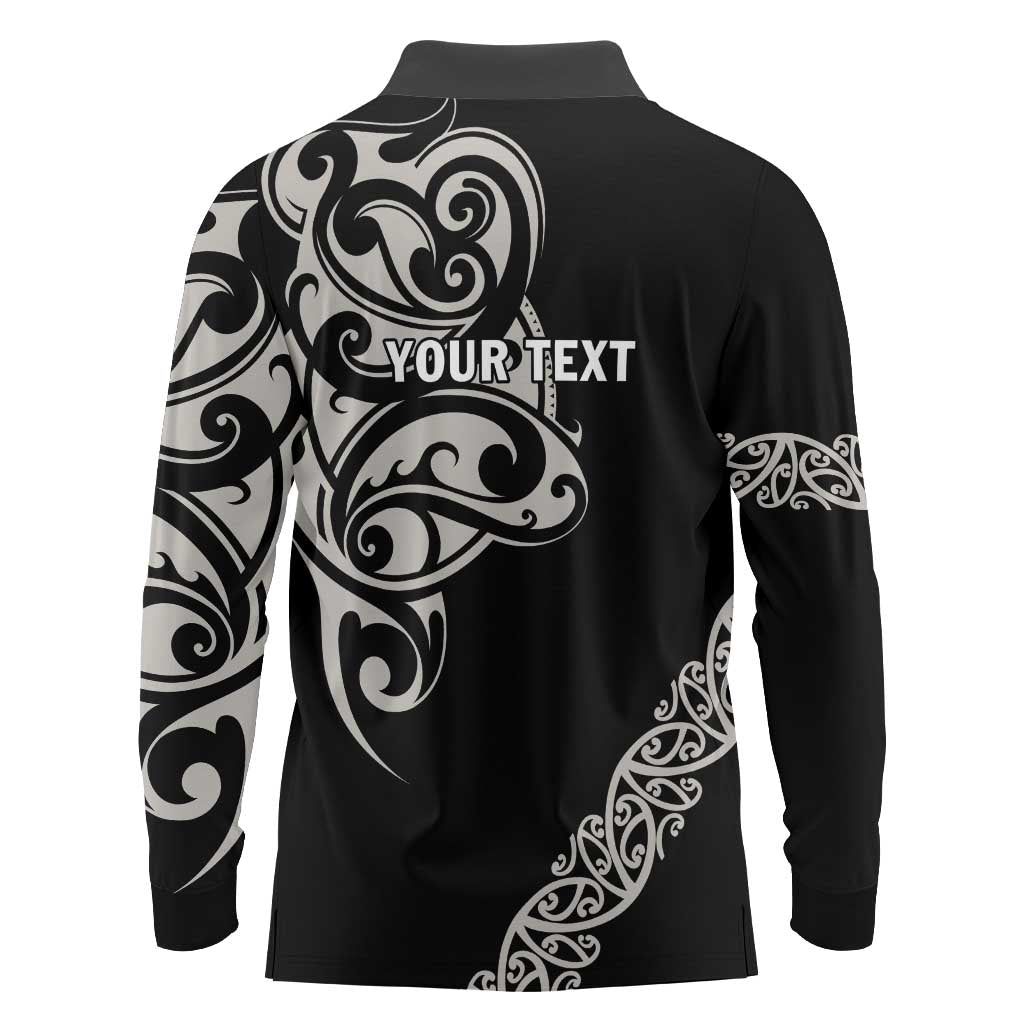 All Black Maori Tribal Tattoo Personalised Long Sleeve Polo Shirt Stone Gray Polynesian Style - Polynesian Pride