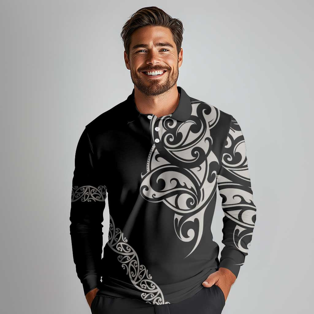 All Black Maori Tribal Tattoo Personalised Long Sleeve Polo Shirt Stone Gray Polynesian Style - Polynesian Pride