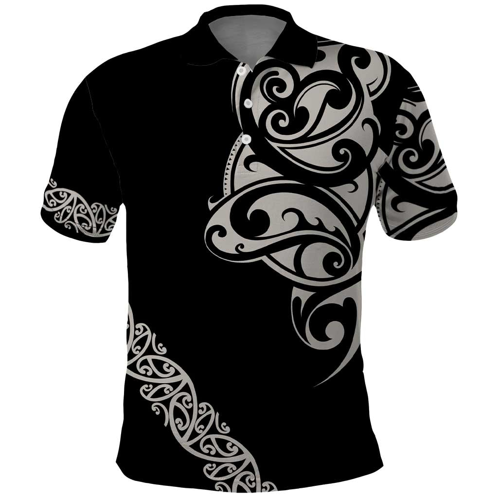All Black Maori Tribal Tattoo Personalised Polo Shirt Stone Gray Polynesian Style - Polynesian Pride