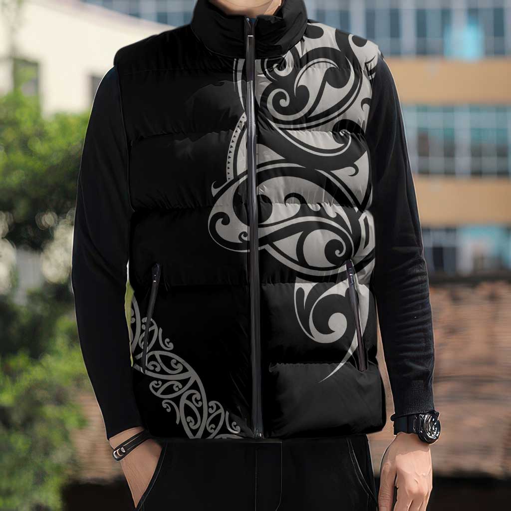 All Black Maori Tribal Tattoo Personalised Sleeveless Puffer Jacket Stone Gray Polynesian Style - Polynesian Pride