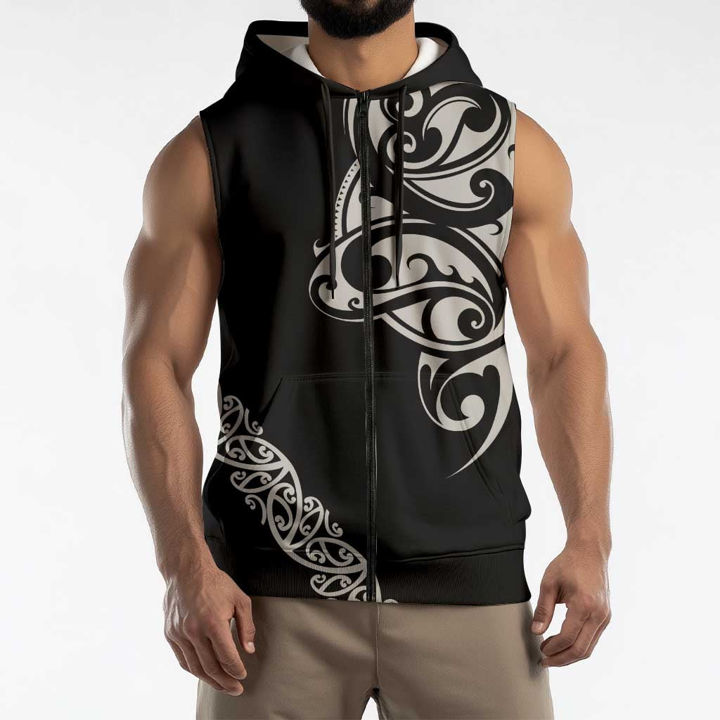 All Black Maori Tribal Tattoo Personalised Sleeveless Zip Hoodie Stone Gray Polynesian Style LT9