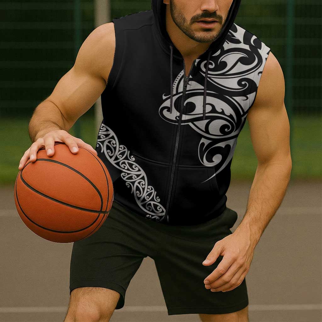 All Black Maori Tribal Tattoo Personalised Sleeveless Zip Hoodie Stone Gray Polynesian Style LT9