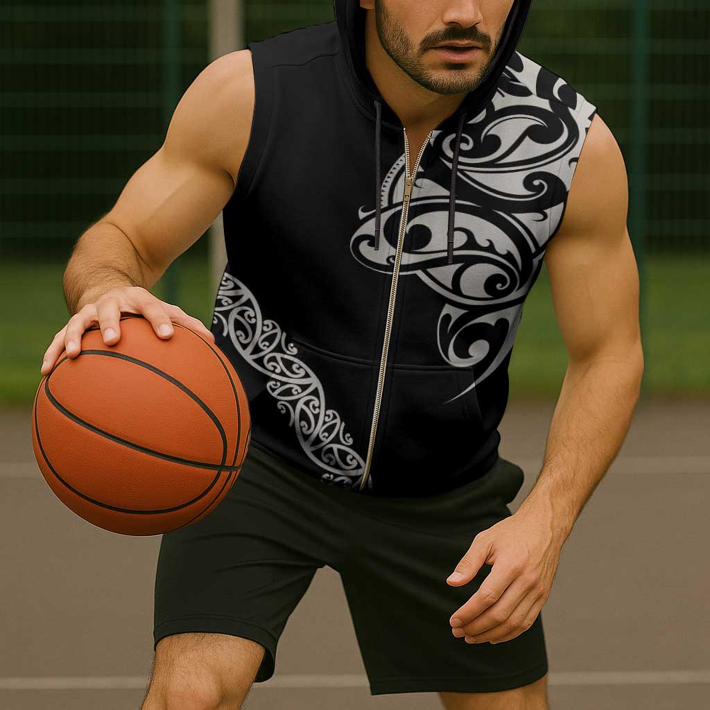 All Black Maori Tribal Tattoo Personalised Sleeveless Zip Hoodie Stone Gray Polynesian Style - Polynesian Pride