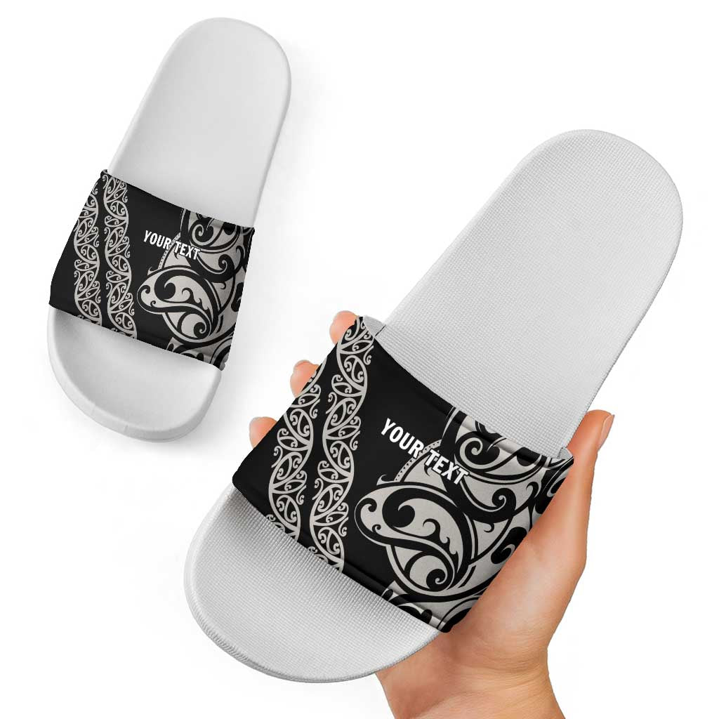 All Black Maori Tribal Tattoo Personalised Slide Sandals Stone Gray Polynesian Style - Polynesian Pride