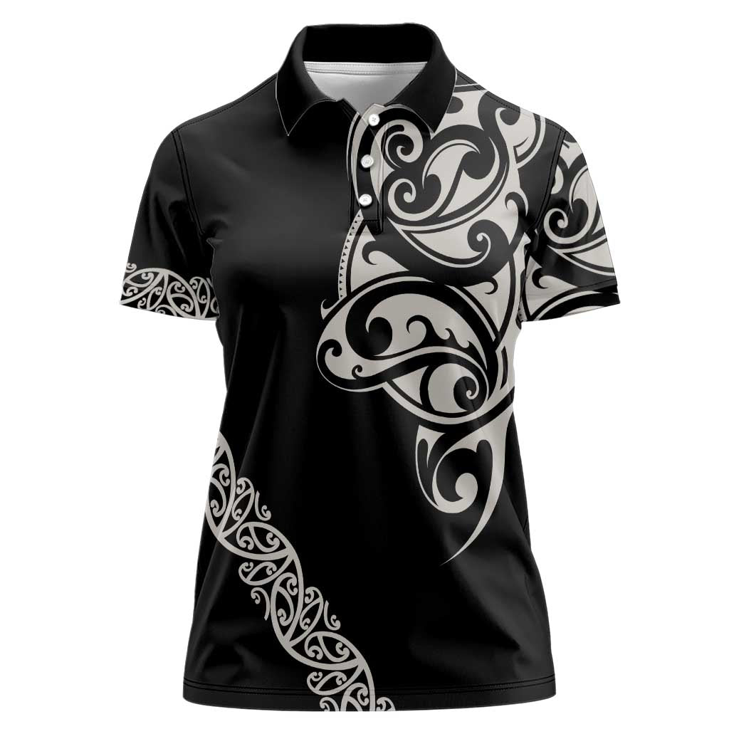 All Black Maori Tribal Tattoo Personalised Women Polo Shirt Stone Gray Polynesian Style - Polynesian Pride