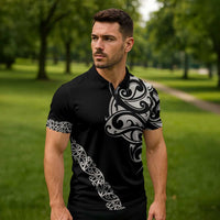 All Black Maori Tribal Tattoo Personalised Zipper Polo Shirt Stone Gray Polynesian Style - Polynesian Pride
