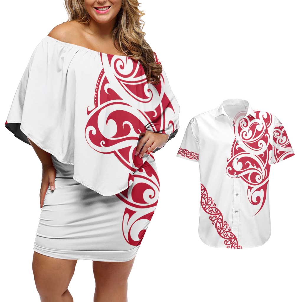 All White Maori Tribal Tattoo Personalised Couples Matching Off Shoulder Short Dress and Hawaiian Shirt Classic Red Polynesian Style - Polynesian Pride