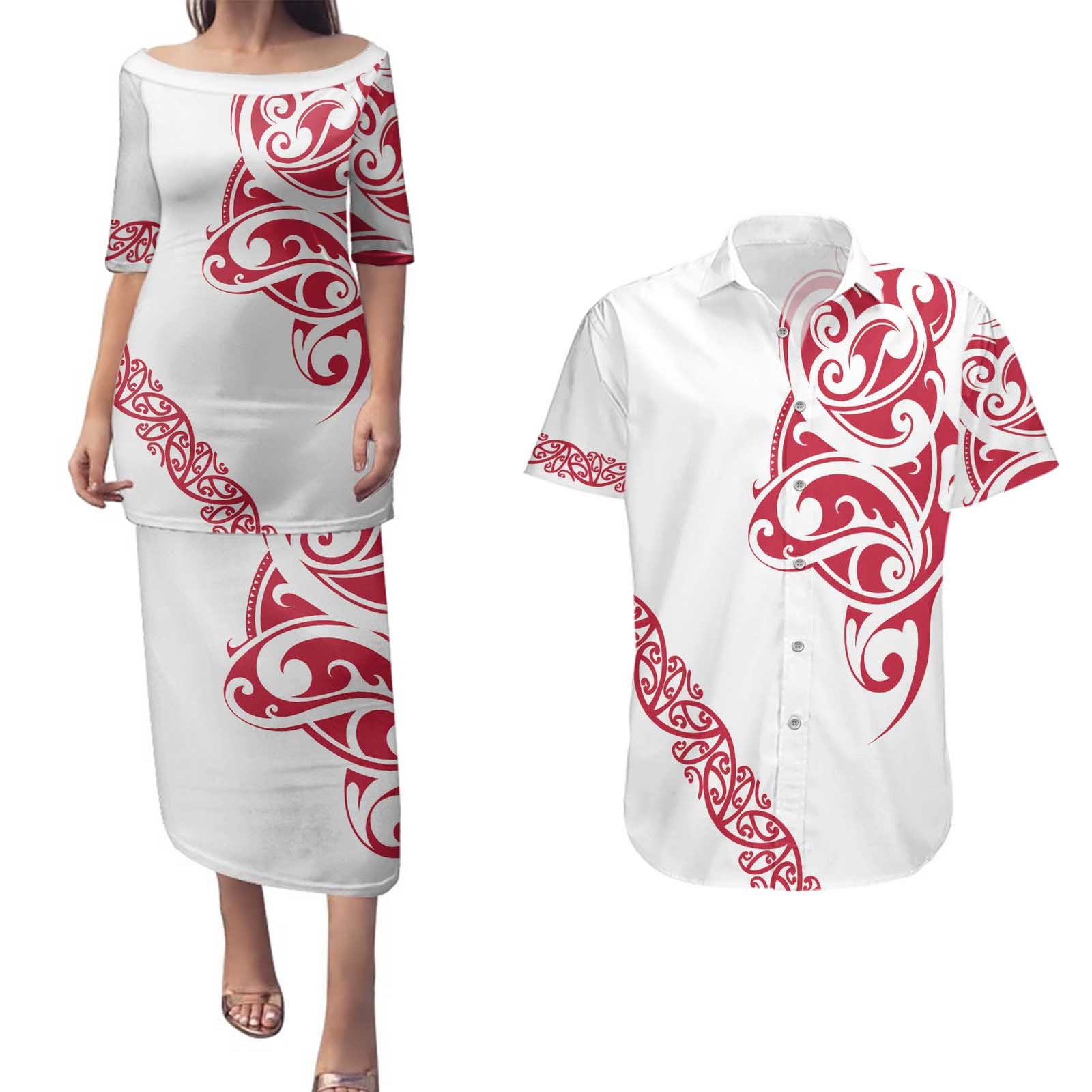 All White Maori Tribal Tattoo Personalised Couples Matching Puletasi and Hawaiian Shirt Classic Red Polynesian Style - Polynesian Pride