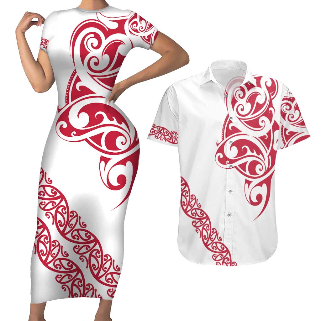 All White Maori Tribal Tattoo Personalised Couples Matching Short Sleeve Bodycon Dress and Hawaiian Shirt Classic Red Polynesian Style - Polynesian Pride