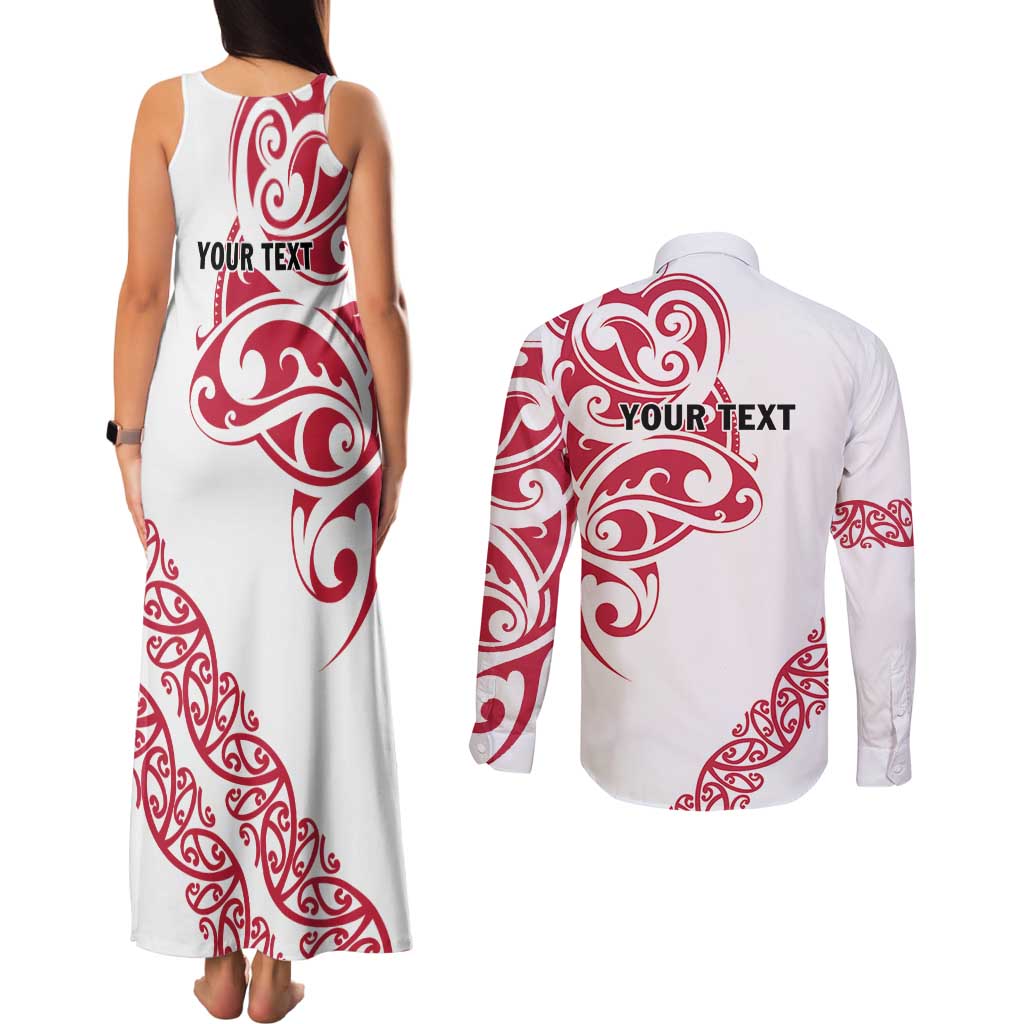 All White Maori Tribal Tattoo Personalised Couples Matching Tank Maxi Dress and Long Sleeve Button Shirt Classic Red Polynesian Style - Polynesian Pride