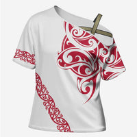 All White Maori Tribal Tattoo Personalised Cross Shoulder Shirt Classic Red Polynesian Style - Polynesian Pride