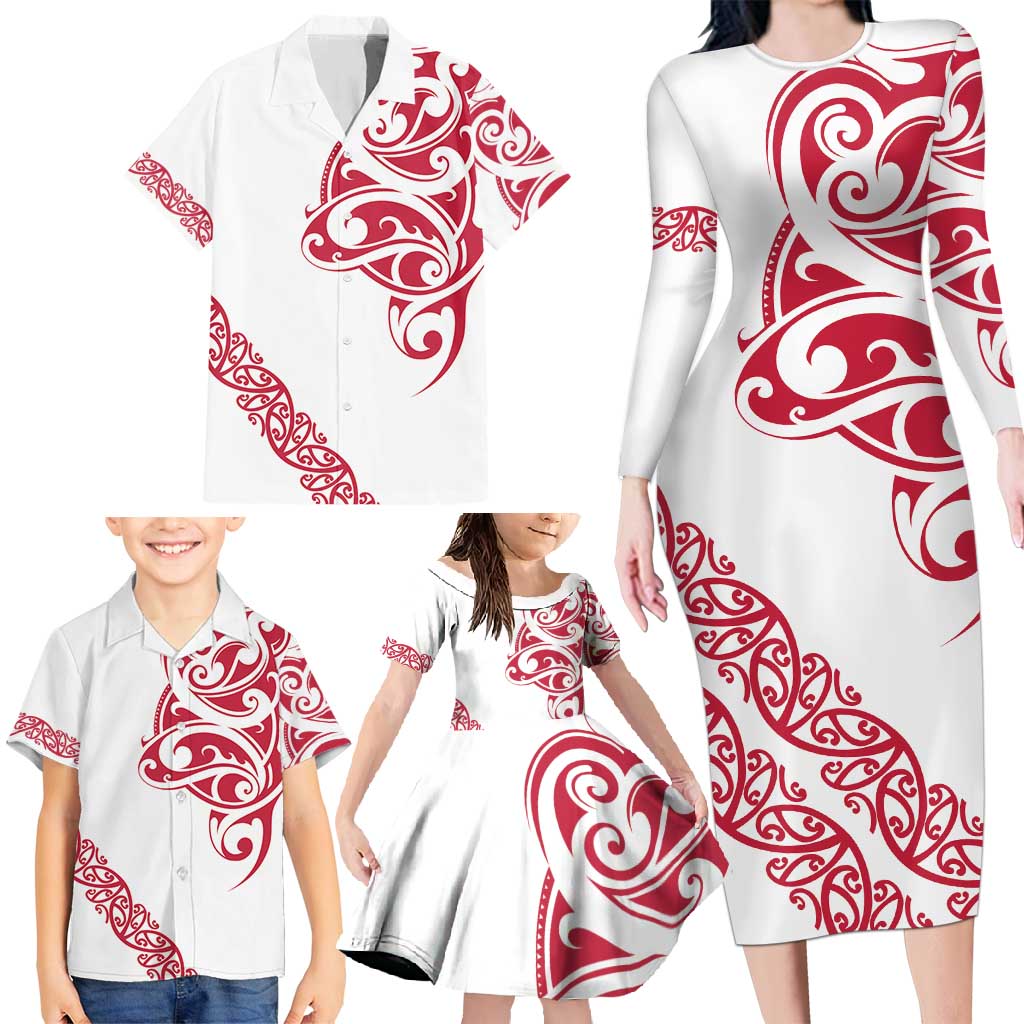 All White Maori Tribal Tattoo Personalised Family Matching Long Sleeve Bodycon Dress and Hawaiian Shirt Classic Red Polynesian Style - Polynesian Pride