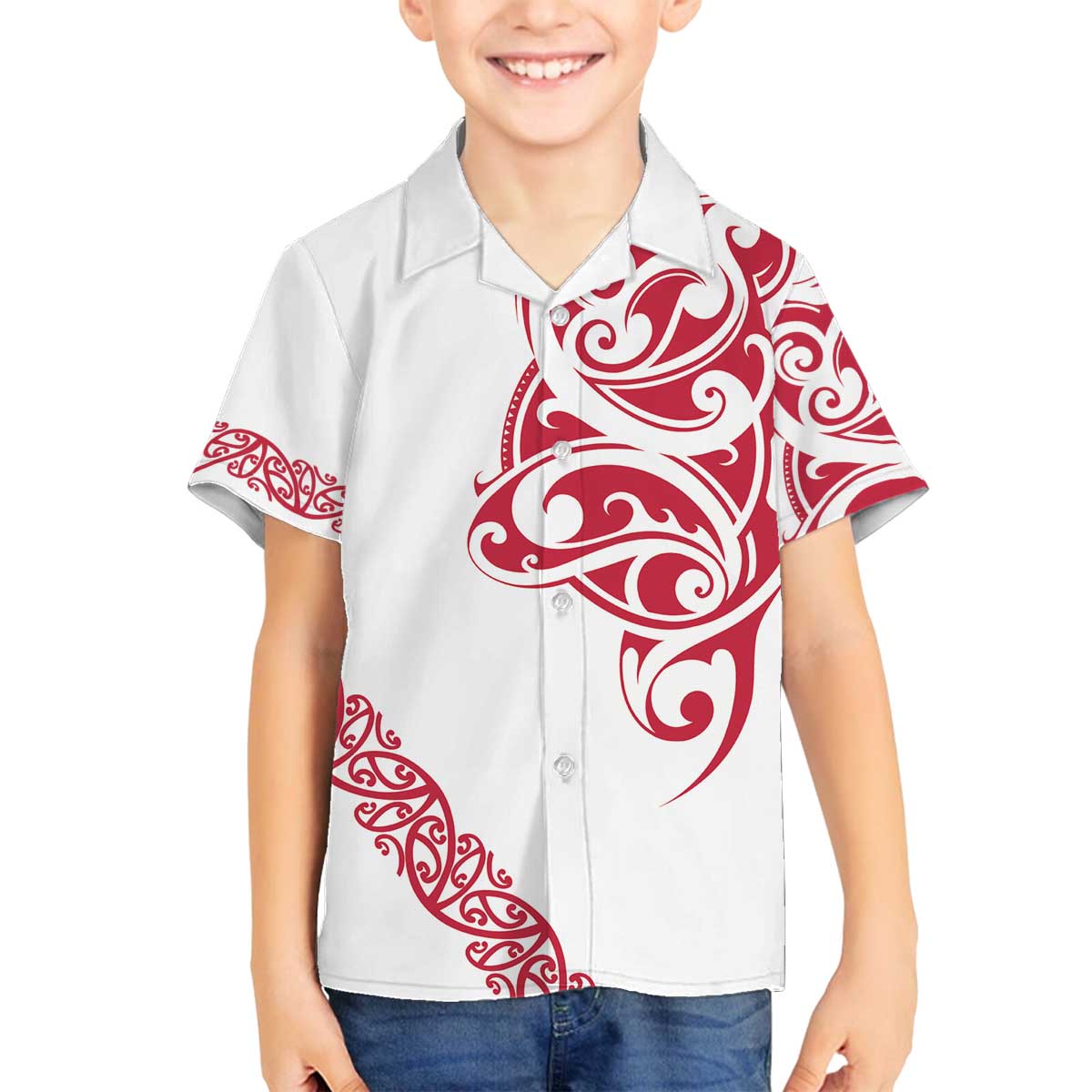 All White Maori Tribal Tattoo Personalised Family Matching Off The Shoulder Long Sleeve Dress and Hawaiian Shirt Classic Red Polynesian Style - Polynesian Pride