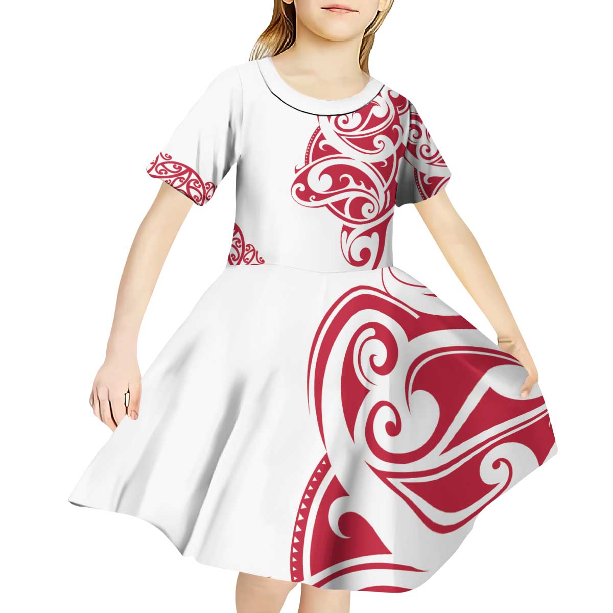 All White Maori Tribal Tattoo Personalised Kid Short Sleeve Dress Classic Red Polynesian Style - Polynesian Pride