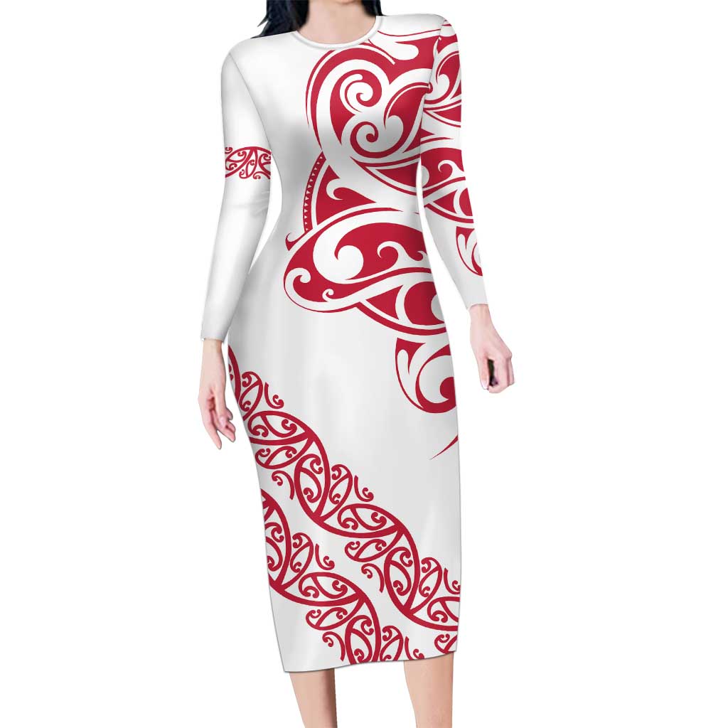 All White Maori Tribal Tattoo Personalised Long Sleeve Bodycon Dress Classic Red Polynesian Style - Polynesian Pride