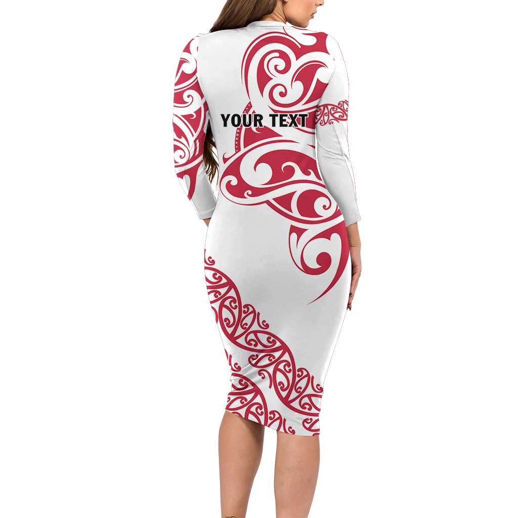 All White Maori Tribal Tattoo Personalised Long Sleeve Bodycon Dress Classic Red Polynesian Style - Polynesian Pride