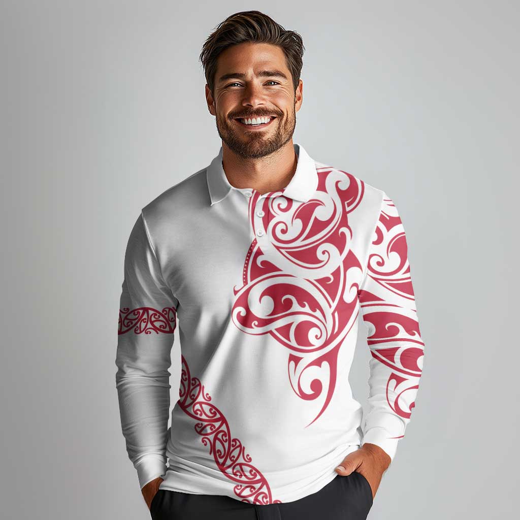 All White Maori Tribal Tattoo Personalised Long Sleeve Polo Shirt Classic Red Polynesian Style - Polynesian Pride
