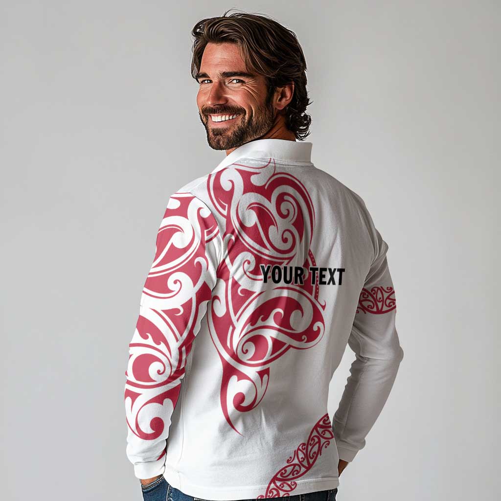 All White Maori Tribal Tattoo Personalised Long Sleeve Polo Shirt Classic Red Polynesian Style - Polynesian Pride