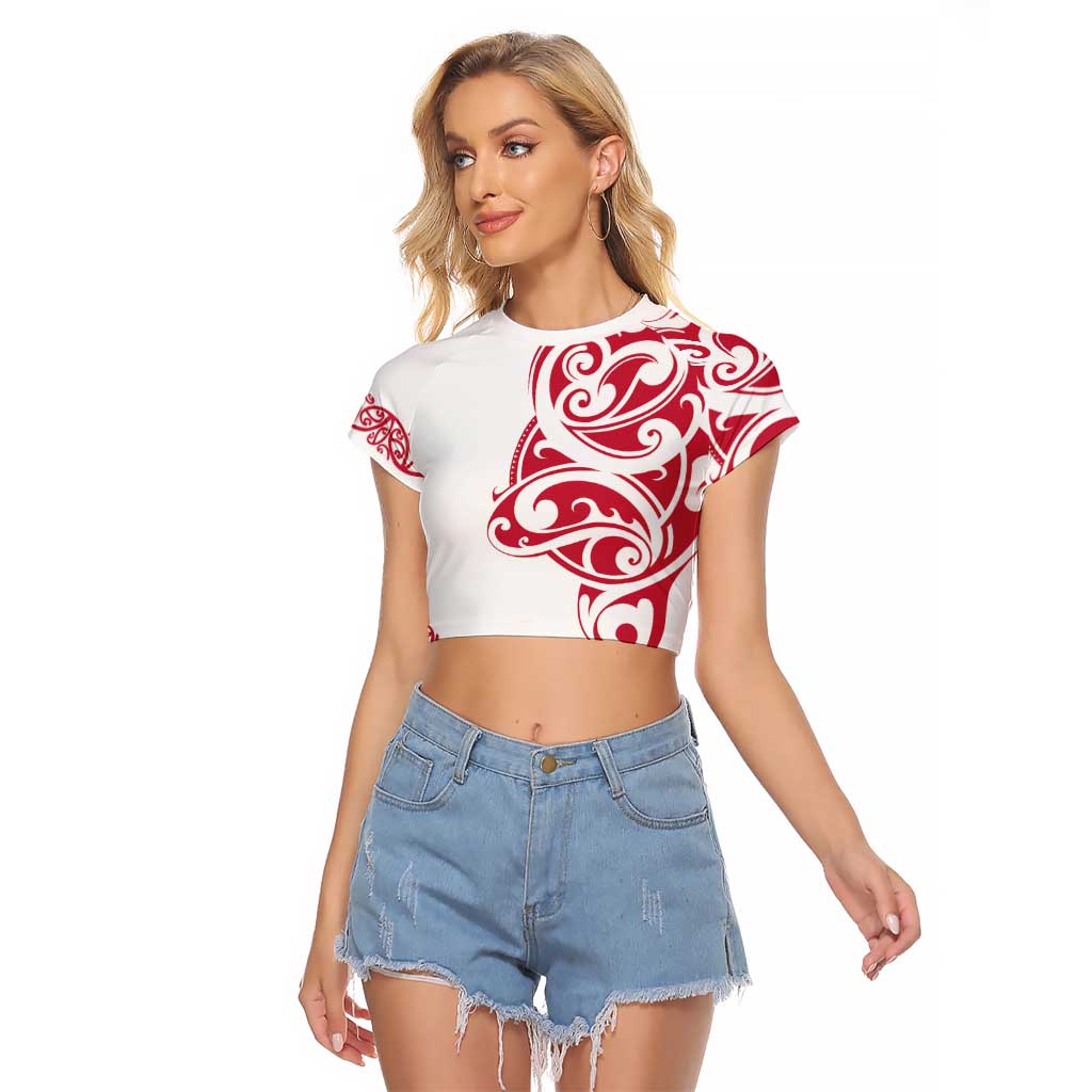 All White Maori Tribal Tattoo Personalised Raglan Cropped T Shirt Classic Red Polynesian Style - Polynesian Pride