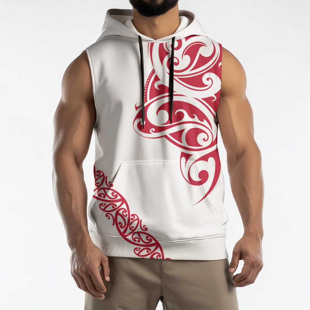 All White Maori Tribal Tattoo Personalised Sleeveless Hoodie Classic Red Polynesian Style - Polynesian Pride