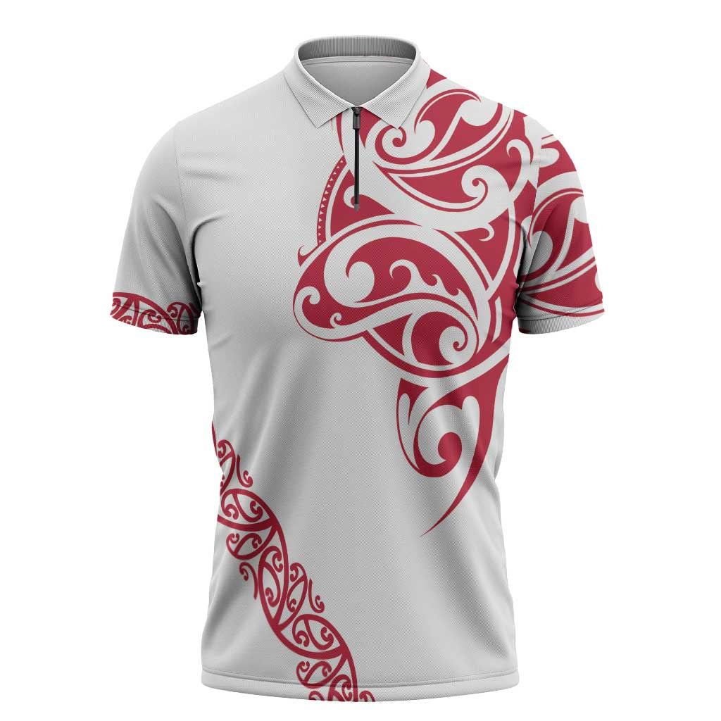 All White Maori Tribal Tattoo Personalised Zipper Polo Shirt Classic Red Polynesian Style - Polynesian Pride