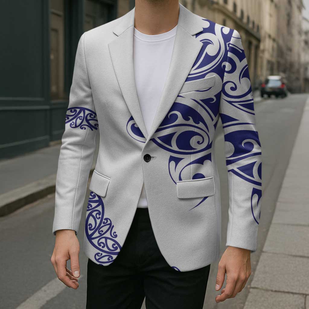 All White Maori Tribal Tattoo Personalised Blazer Dark Blue Polynesian Style - Polynesian Pride