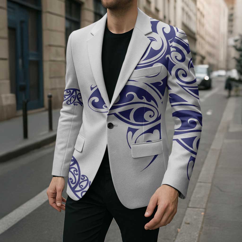 All White Maori Tribal Tattoo Personalised Blazer Dark Blue Polynesian Style - Polynesian Pride