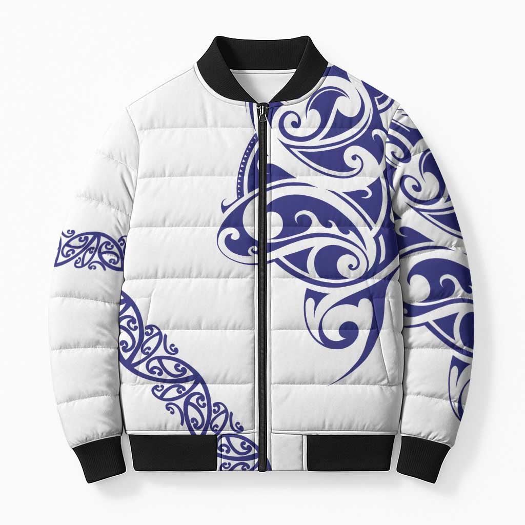 All White Maori Tribal Tattoo Personalised Bomber Puffer Jacket Dark Blue Polynesian Style - Polynesian Pride