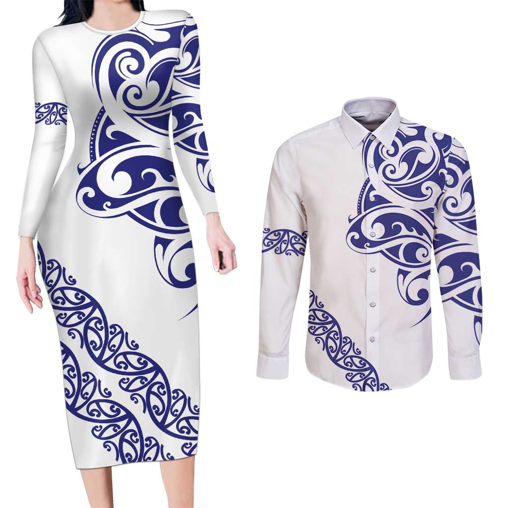 All White Maori Tribal Tattoo Personalised Couples Matching Long Sleeve Bodycon Dress and Long Sleeve Button Shirt Dark Blue Polynesian Style - Polynesian Pride