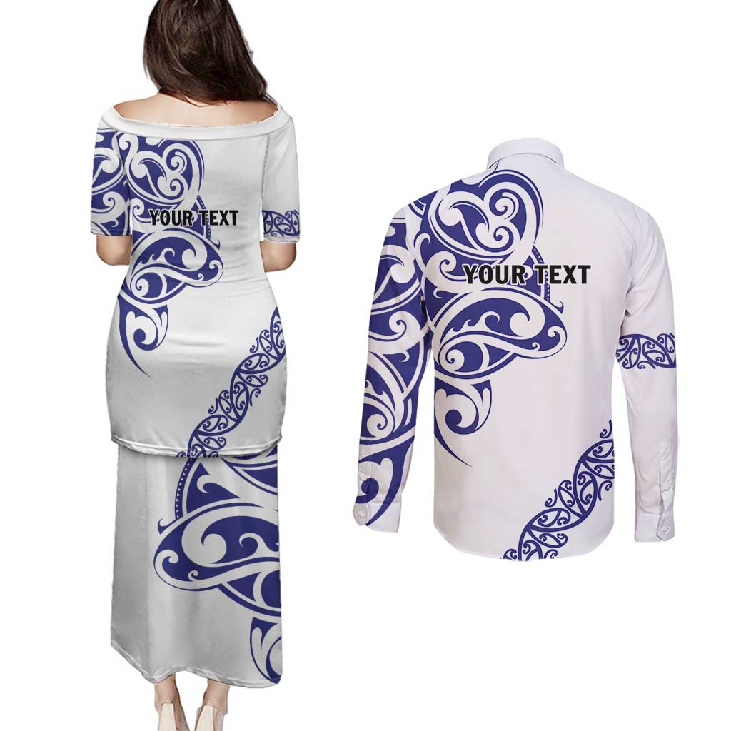 All White Maori Tribal Tattoo Personalised Couples Matching Puletasi and Long Sleeve Button Shirt Dark Blue Polynesian Style - Polynesian Pride