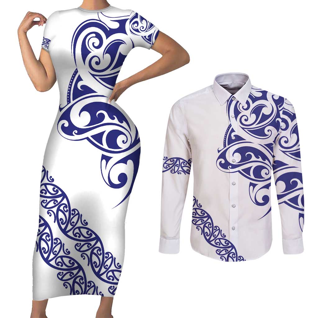 All White Maori Tribal Tattoo Personalised Couples Matching Short Sleeve Bodycon Dress and Long Sleeve Button Shirt Dark Blue Polynesian Style - Polynesian Pride