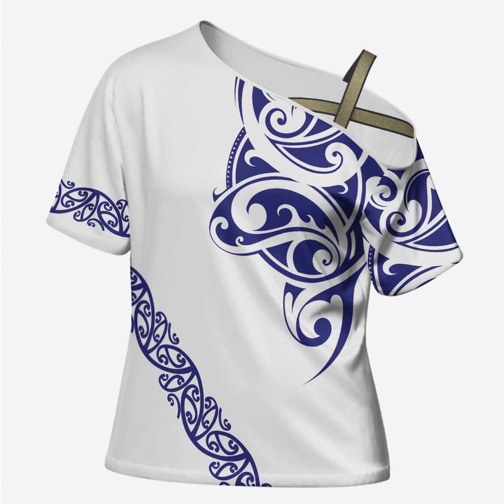 All White Maori Tribal Tattoo Personalised Cross Shoulder Shirt Dark Blue Polynesian Style - Polynesian Pride