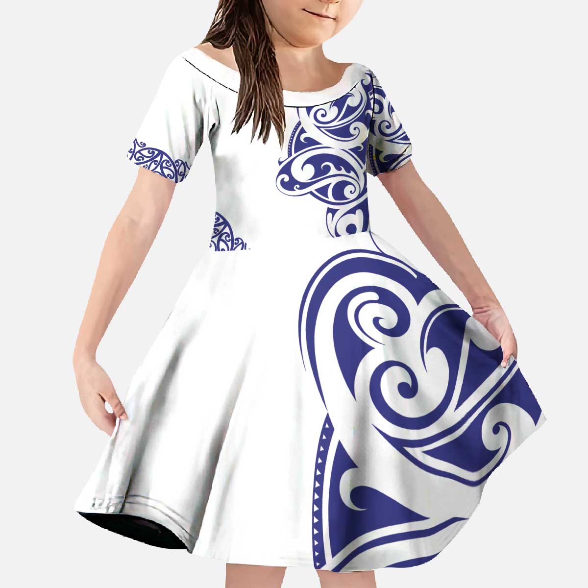 All White Maori Tribal Tattoo Personalised Family Matching Off The Shoulder Long Sleeve Dress and Hawaiian Shirt Dark Blue Polynesian Style - Polynesian Pride