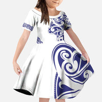 All White Maori Tribal Tattoo Personalised Family Matching Off Shoulder Maxi Dress and Hawaiian Shirt Dark Blue Polynesian Style - Polynesian Pride
